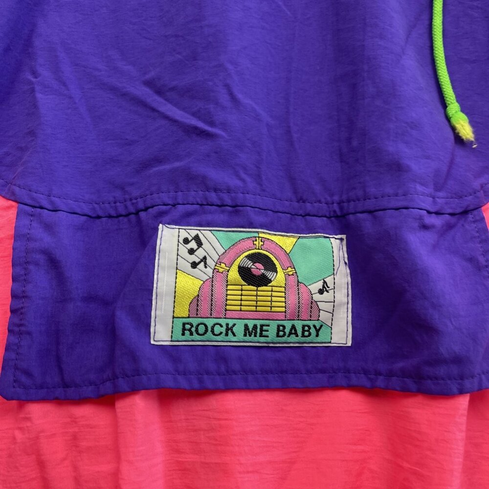 VTG "Rock me Baby" Patch Windbreaker Jacket Sz L Colorblock 90 Neon Bright Retro - Picture 7 of 16